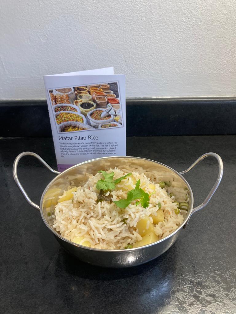 Matar pilau rice in a balti dish.