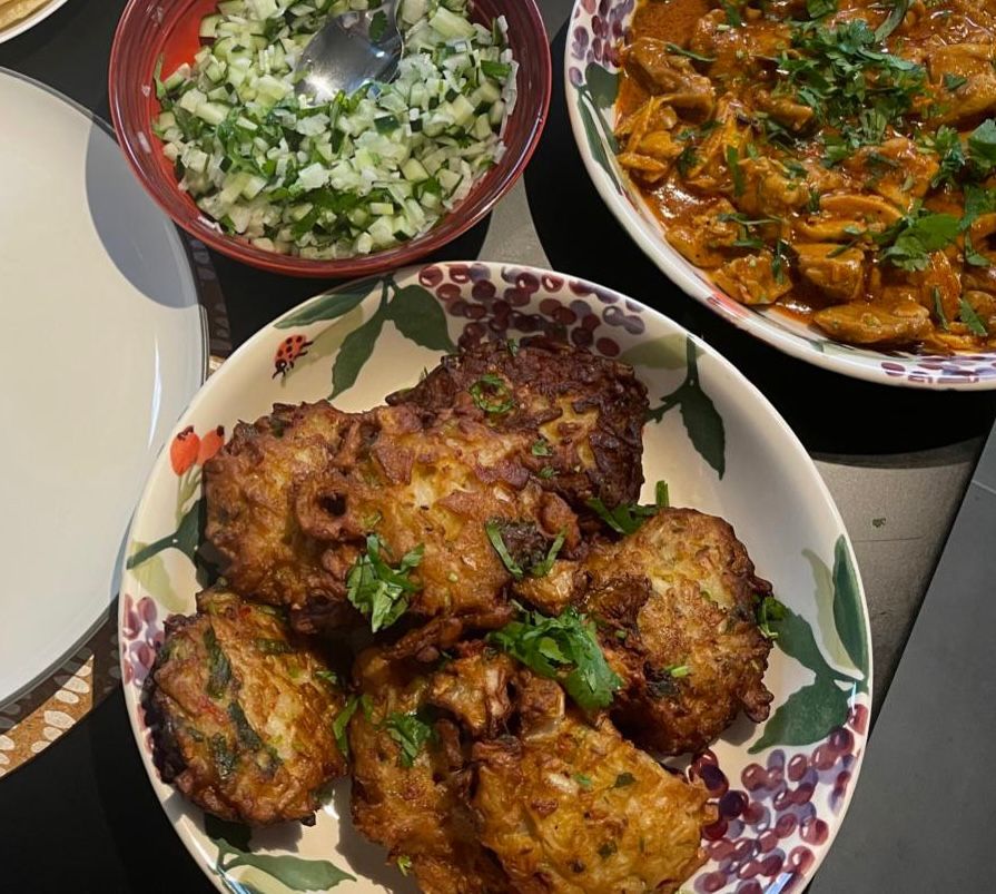 Photo of onion bhakti among other dishes.