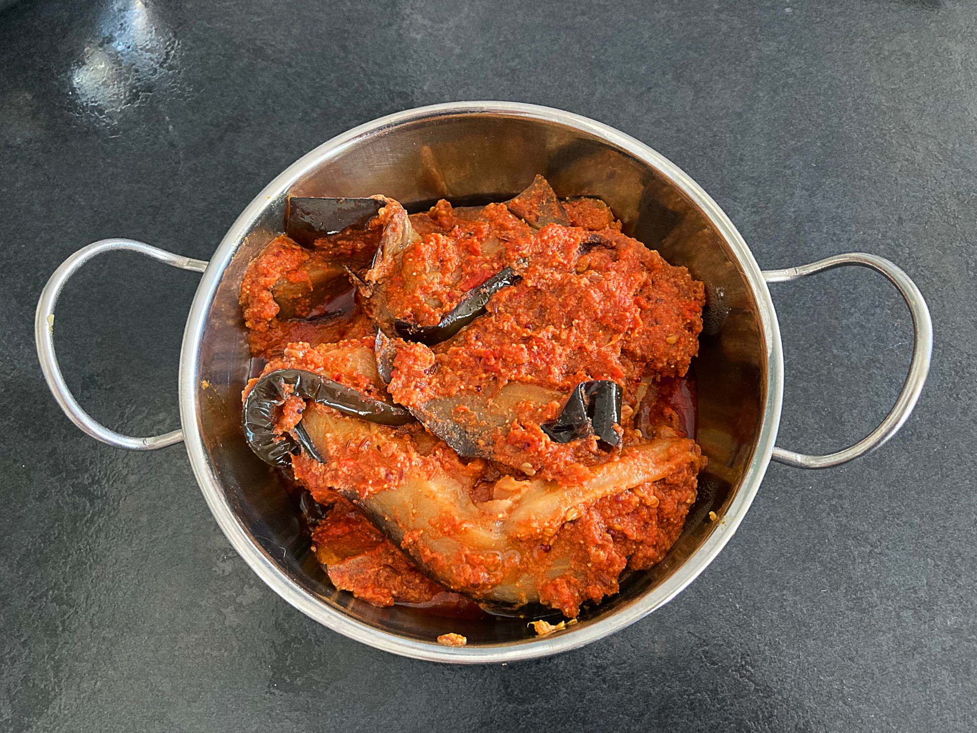 Hyderabadi bhangarebain in a balti dish.