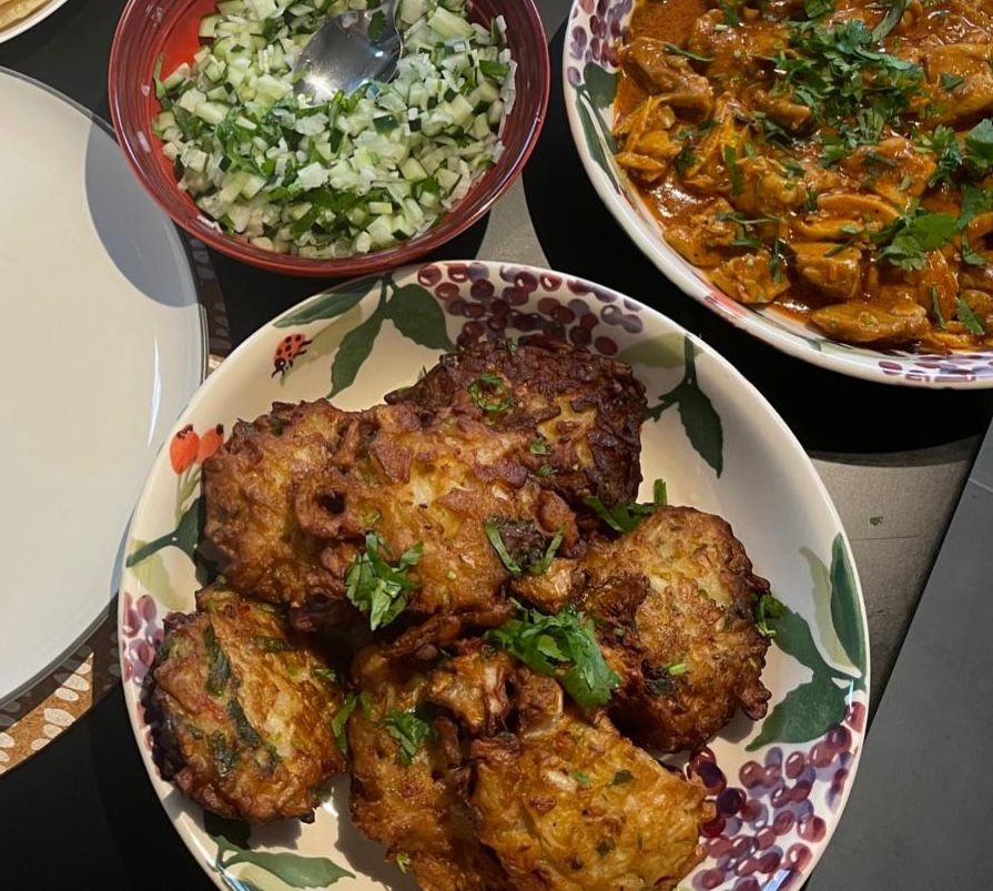 Photo of onion bhakti among other dishes. 