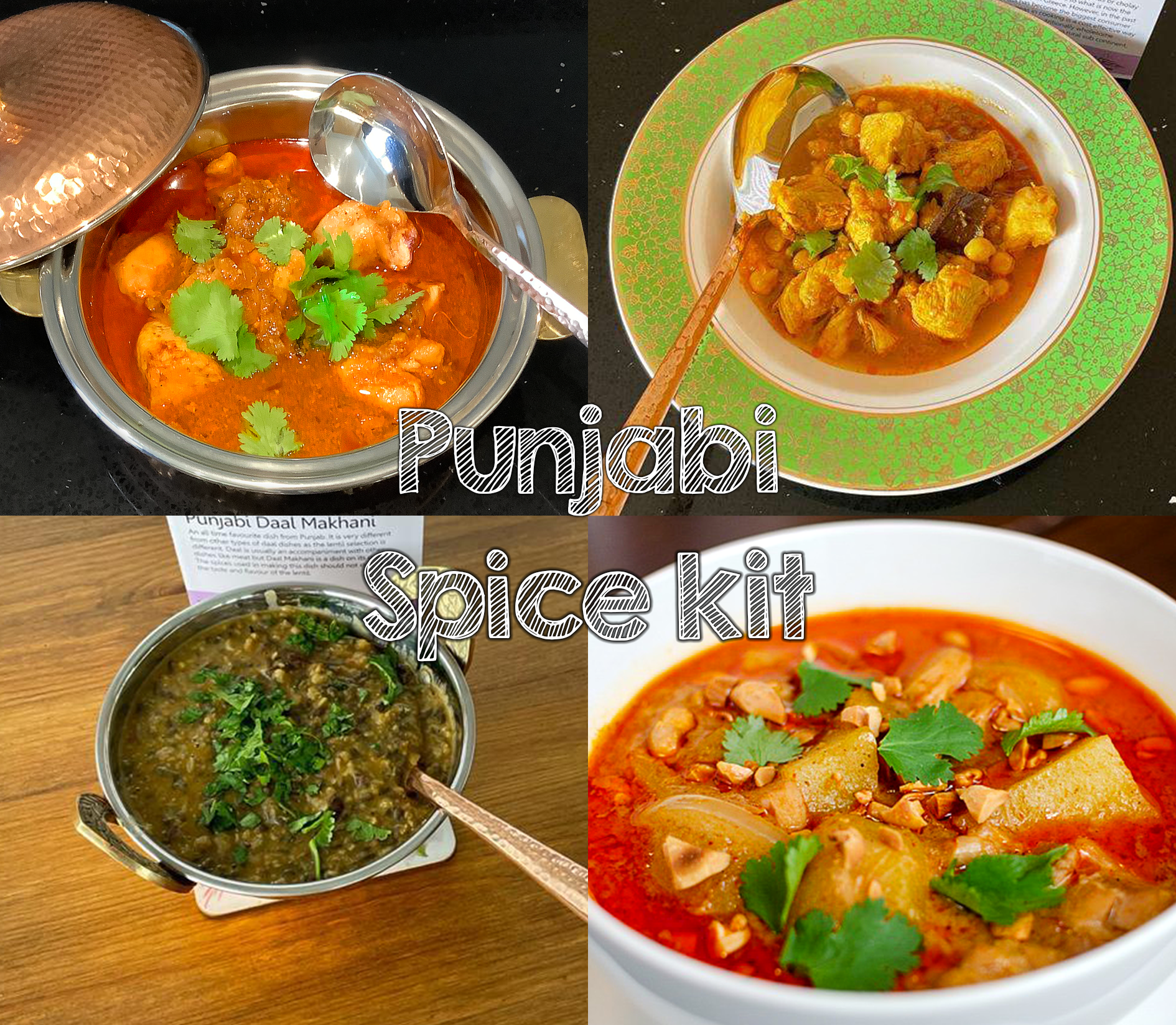 image showing 4 of the dishes available in the punjabi spice kit