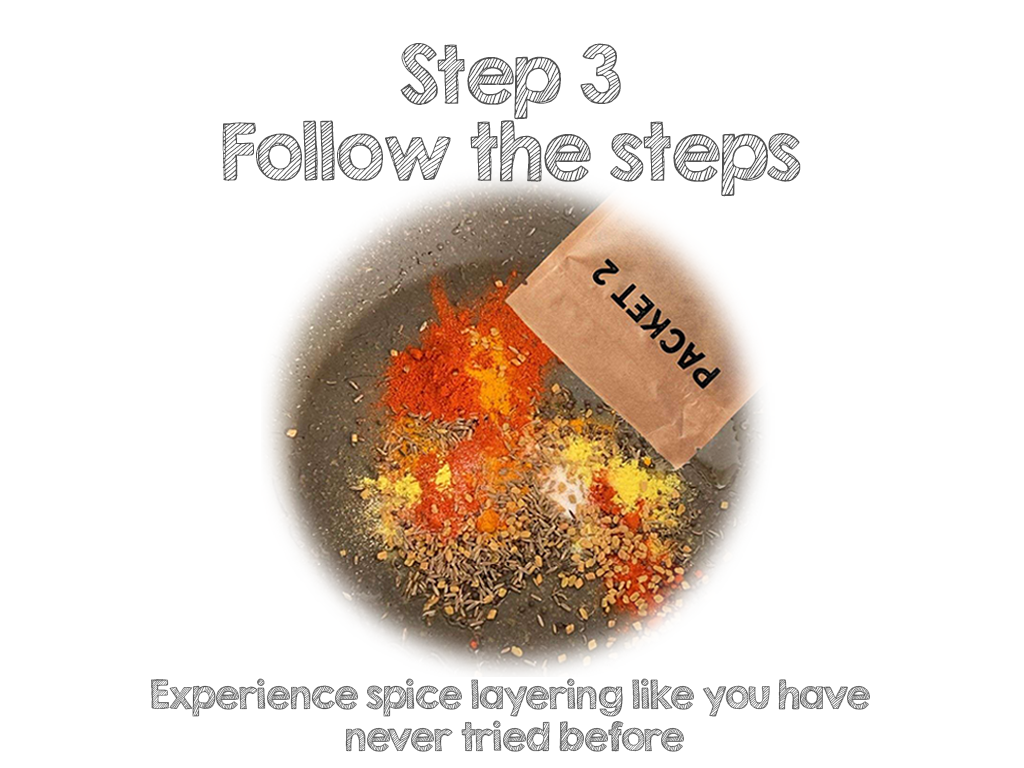 Step 3, follow the steps. Experience spice layering like you have never tried before. 