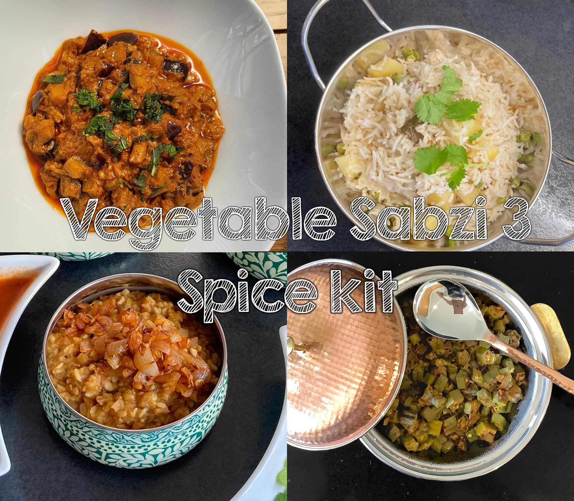 image showing 4 of the dishes available in the vegetable sabzi 3 kit