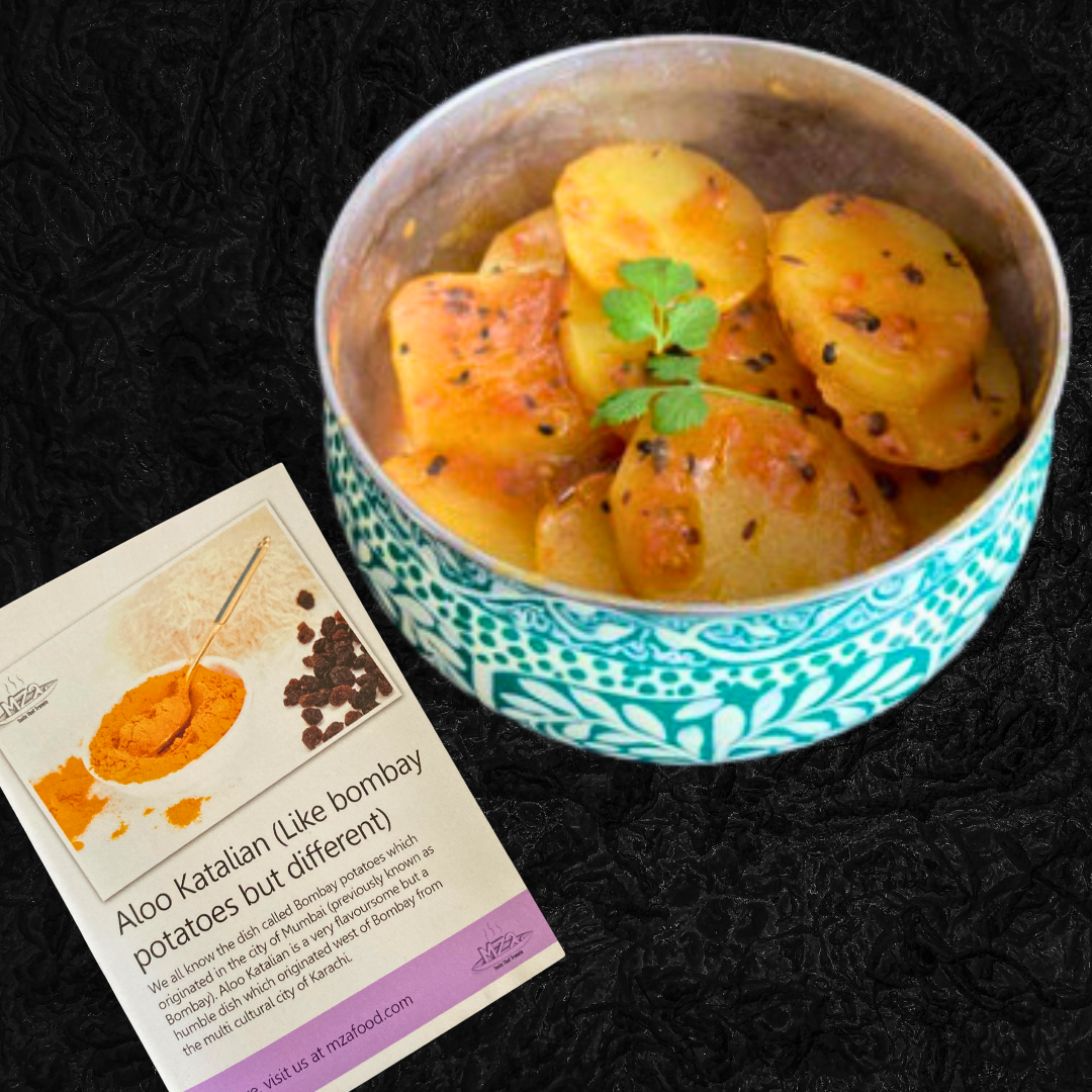 Photo of Aloo Katalian in a bowl next to the recipe card