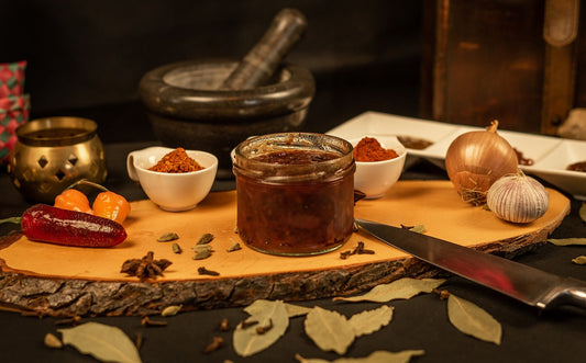image of chutney on a wooden chopping board. 