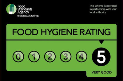 A certificate from the food standards agency showing that we have obtained a food hygiene rating of 5 out of 5. 