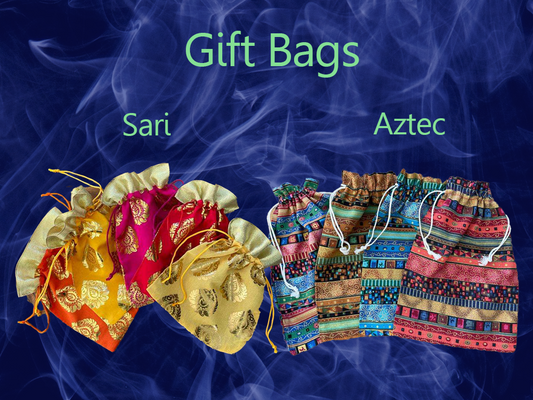 Image showing bags from both designs available. On the left, bags in a sari style, on the right, bags in an aztec design