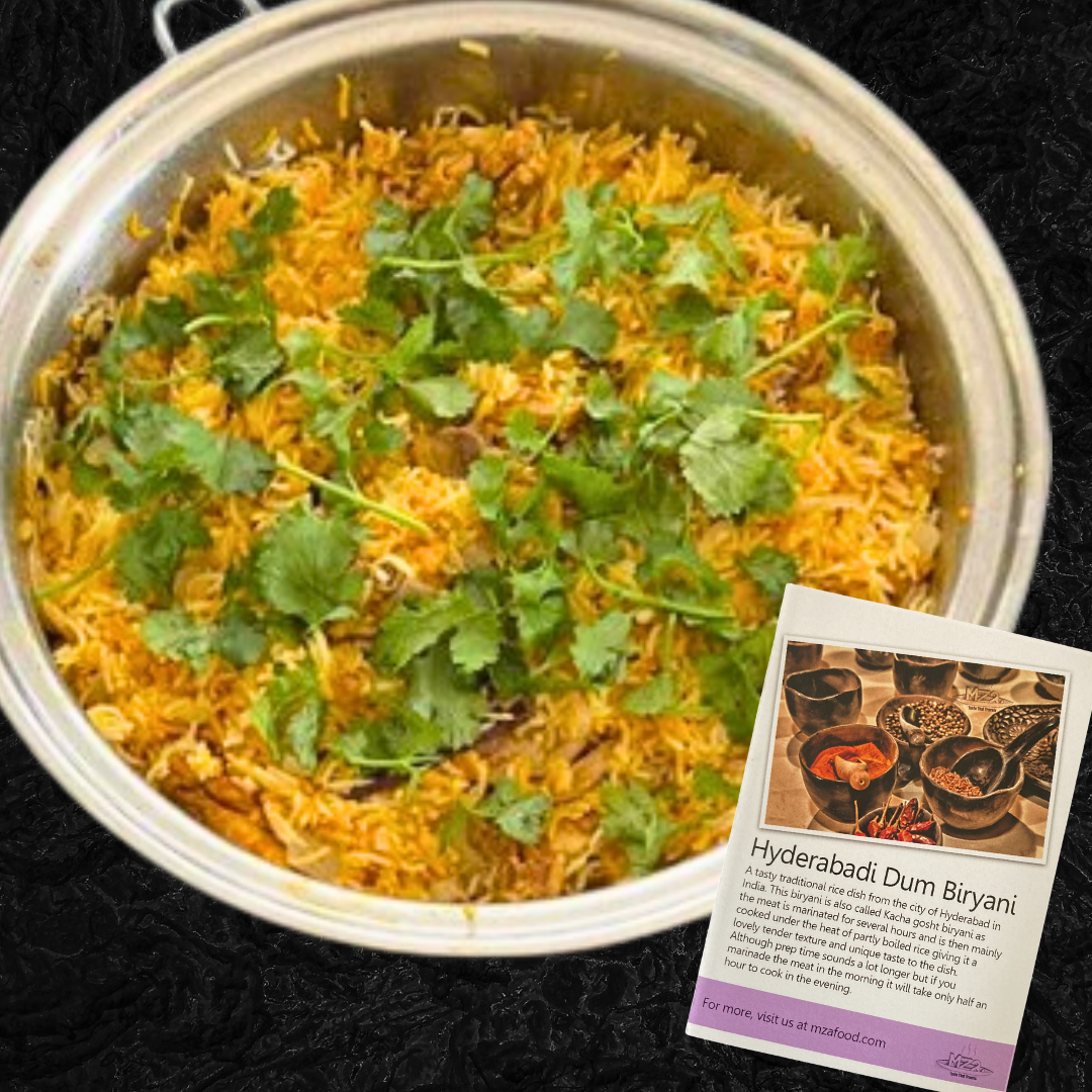 Photo of Hyderabadi dum biryani in a bowl next to the recipe card